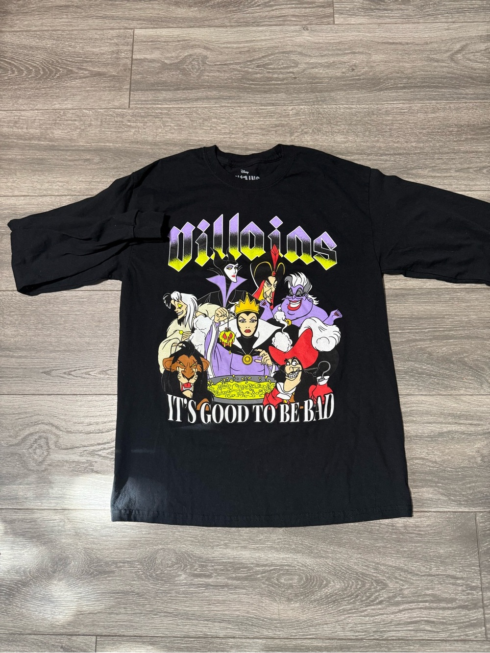 Disney Black Long Sleeve Villains Graphic Tee with Purple and Yellow Accents